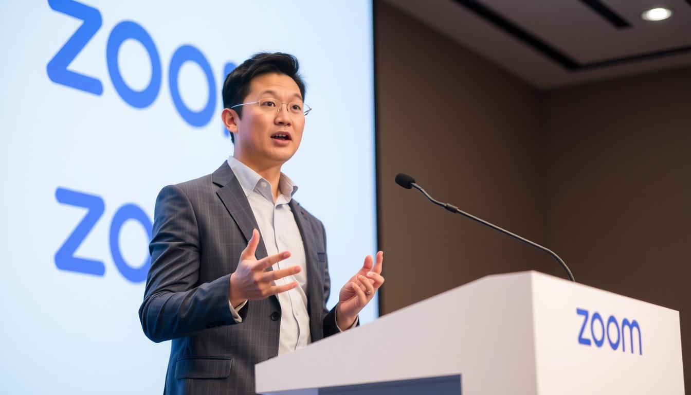 Zoom founder Eric Yuan presenting at a company event